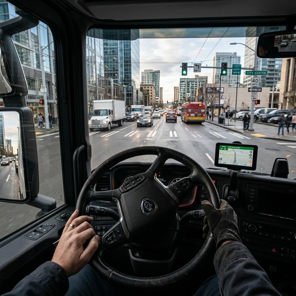 Driver interview checklist illustration showing vehicle checks, traffic delays, passenger handling, and incident reporting