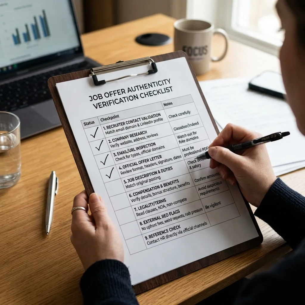 Checklist illustration showing five verification steps for checking a UAE job offer authenticity