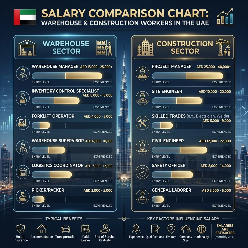 Salary comparison showing helper pay in UAE across warehouse, construction, kitchen, and retail with accommodation values