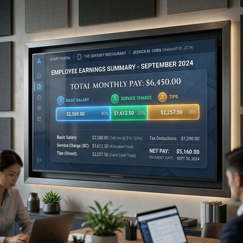 Pay breakdown chart showing basic salary, service charge, and tips for waiter jobs in UAE across hotels and restaurants
