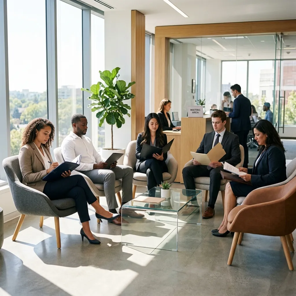 Candidates waiting in modern Abu Dhabi office for walk in interview